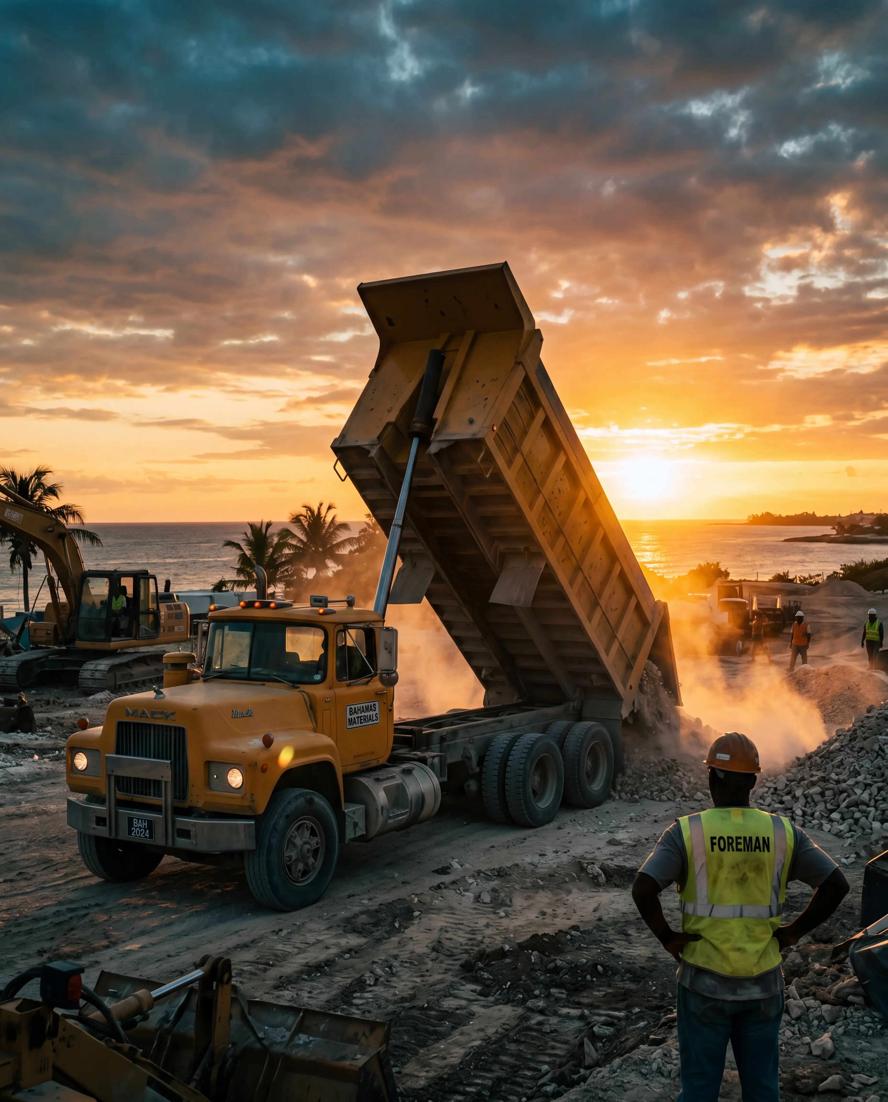 Dump truck pour, sunset