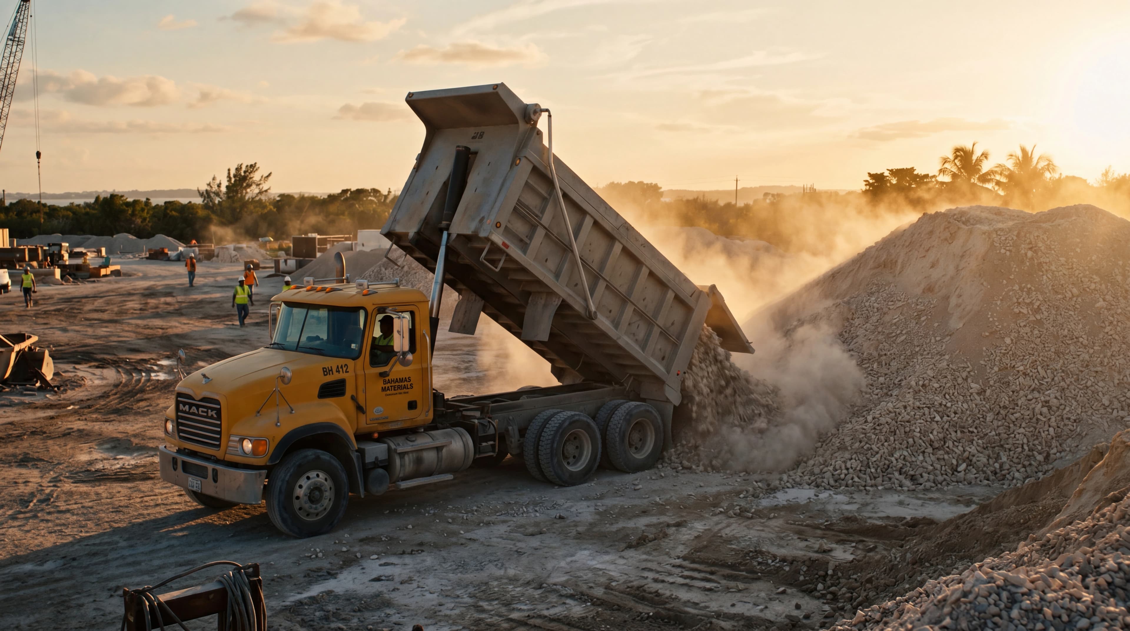 Dump truck unloading limestone, golden hour